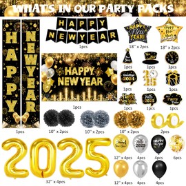 New Years Decorations 2025 - New Years Eve Party Supplies Include Banner, Backdrop, Hanging Swirls, Porch Sign, Paper Pompoms, Balloons, Foil Number 2025 for Happy New year Decorations