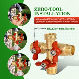 3 Way Hose Splitter, Solid Brass High Volume 3 Way Hose Splitter Valve with Metal Handle, Heavy Duty High Flow Spigot Splitter with Shut off Valve, 3/4 Inch Garden Tap Splitter