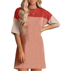 Acelitt Womens Casual Summer Dress 2024 Fashion Color Block Crewneck Short Sleeve Loose Vacation Beach Ribbed Shift T Shirts Mini Dresses Red Large