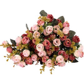 Houda Pack of 4, Artificial Silk Fake Flowers Rose Floral Decor Bouquet, (Pink Coffee)