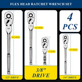PRIDE&CRAFT 4-Piece Flex Head Ratchet Set, 1/4", 3/8", 1/2" Drive, 3/8" Stubby, 72-Tooth, Socket Wrench Quick Release Reversible Design, Swivel Head Ratchet, Chrome Alloy Made, EVA Organizer