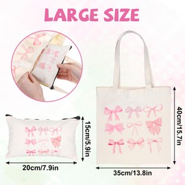 Josojoou 2PCS Pink Bow Canvas Tote Bags with Makeup Bag, Reusable Canvas Tote Bags, Preppy Makeup Bag with Zipper, Gifts for Women