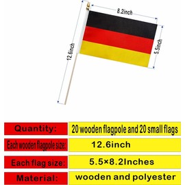 20 Pack Germany Flags German Stick Flag Small Mini Handheld Flags with 12.6inch Wooden Poles for National Day, Club World Cup,Sports Events, Party Decorations (5×8 Inches)