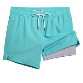 maamgic 5inch Mens Swimming Trunks with Compression Liner 2-in-1 Swim Trunks Stretch Quick Dry Swim Shorts Zipper Pockets Peacock Blue and Light Gray X-Large