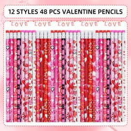 SETRUE 48 PCS Valentines Wood Pencils with Eraser, Bulk for Kids, 12 Styles