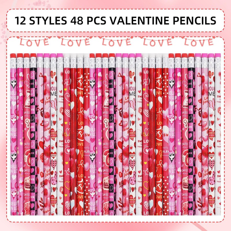 SETRUE 48 PCS Valentines Wood Pencils with Eraser, Bulk for