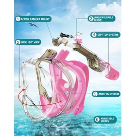 Greatever Full Face Snorkel Mask, Snorkeling Gear for Adults with Latest Dry Top Breathing System and Detachable Camera Mount, Foldable Snorkel Mask Adult, Snorkels Anti-Fog & Anti-Leak(Pink, S/M)
