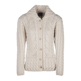Ladies Irish Cardigan Cable Knit 100% Merino Wool with Buttons and Two Front Pockets (Natural, Large)