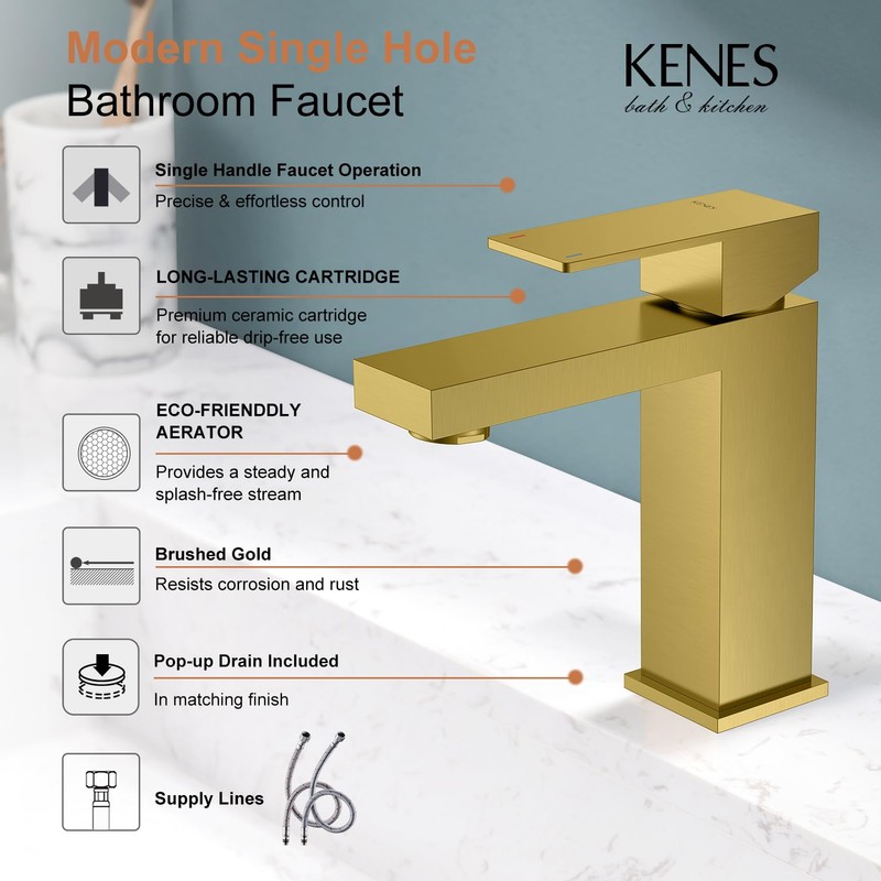KENES Brushed Gold Bathroom Faucets, Modern Single Hole Lavatory Vanity