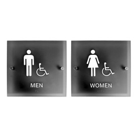 Smoke Grey Designer ADA Men And Women Restroom Signs / 9" x 9" Square Bathroom Sign Set With Braille And Handicap Symbol/Chic Gray Translucent Sign With Stand Off Mounts/Made In The USA