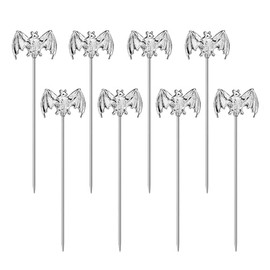 Cocktail Picks Stick, 8pcs Bat Cocktail Toothpicks Stainless Steel Martini Olive Picks for Bar Barbecue Fruit, Bloody Mary Drink Sticks (Silver)