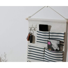EBETA E Hanging Organiser Door Wall Organiser Utensil Bag Hanging Storage Bag for Entrance Wardrobe Bathroom 5 Compartments with 2 Key Hooks (Blue Stripes)