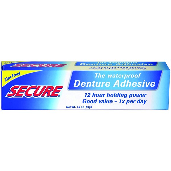Secure Waterproof Denture Adhesive - Zinc Free - Extra Strong Hold For Upper, Lower or Partials - 1.4 oz