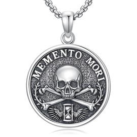 Silikepa Memento Mori Necklace for Men Women, 925 Sterling Silver, Memento Mori Pendant Necklace, Vintage Skull Jewelry Gift for Men Women.