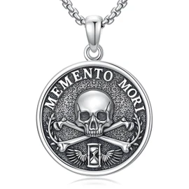 Silikepa Memento Mori Necklace for Men Women, 925 Sterling Silver, Memento Mori Pendant Necklace, Vintage Skull Jewelry Gift for Men Women.