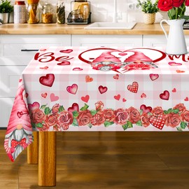 Valentines Tablecloth, Valentines Day Tablecloths Rectangle 52 x 70, Valentine Gnomes Table Cloth with Love Hearts and Roses Holiday Pink Plaid Table Cover for Dining Room Kitchen Picnic Indoor