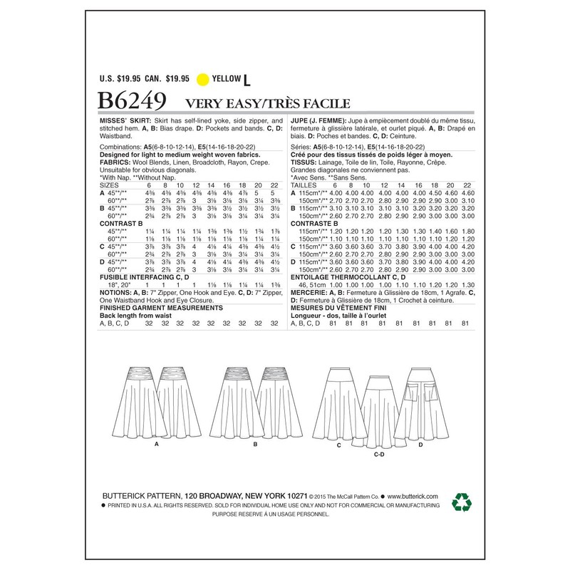 Butterick Patterns 6249, Misses Skirt,Sizes, Rayon,Wool, Multi-Colour, E5 (14-16-18-20-22)