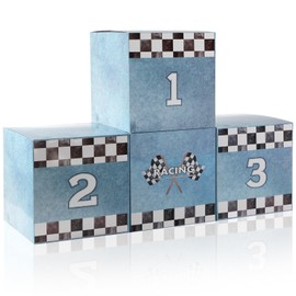Zhanmai 4 Pcs Large Racing Car Party Boxes 11.8 x 11.8 Inch Goodie Checkered Boxes for Birthday Decor Truck Theme Race Car Podium Centerpiece Decorations Cardboard Party Favors(Blue)