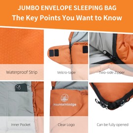 VESPERBUDDY Jumbo Sleeping Bag for Adult&Kids,Cold&Warm Weather with Compression Sack and Water Resistant for Family Camping,Travel and Car Camping (Orange with Right Hand)