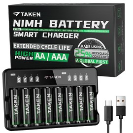 Taken Rechargeable AA Batteries with Charger, 8-Pack 3100mWh Double A Batteries Made with 25% Recycled Materials with 8 Bay Smart Battery Charger for Fast Charging of AA & AAA Batteries