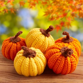 DUQGUHO Orange Pumpkin Decor Crochet Small Decorative Pumpkins Knitted Fabric Autumn Mantel Table Centerpiece Fillers Pastoral Tier Tray Autumn Fall Bowl Filler Decor 5 Pcs