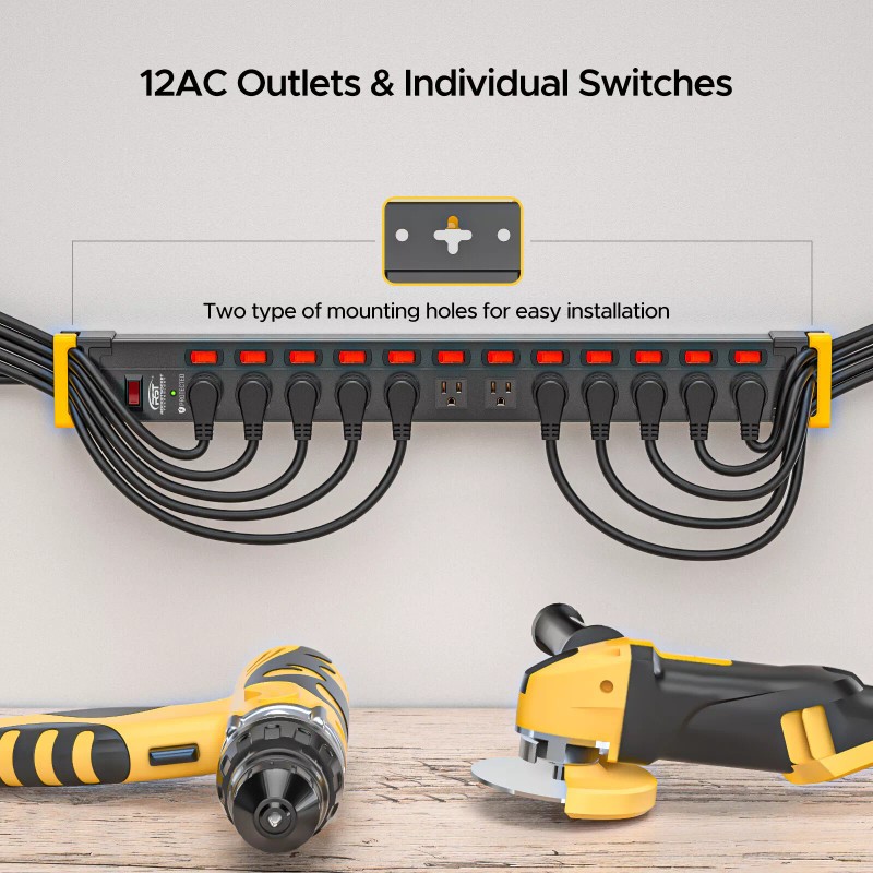 CRST 12 Outlets Heavy Duty Power Strip 1875W Surge Protector