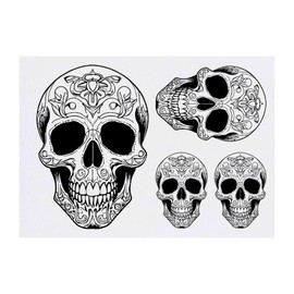 4 x 'Decorated Skull' Temporary Tattoos - Water Resistant, Skin-Safe, Non-Toxic Transfers, Mixed Sizes (TO00069668)