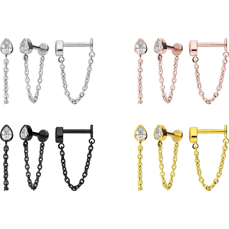 PIERCINGLINE Titanium Labret with Push Fit Crystal Drops + Chain