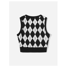 Floerns Women's Argyle Plaid Sleeveless Sweater Vest Crew Neck Fitted Crop Tank Top Black and White Large