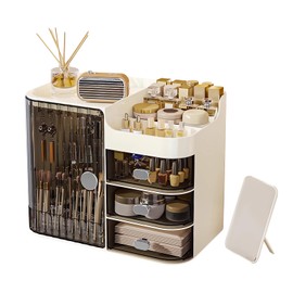 DASITON Makeup Organizer for Vanity,Large Capacity Makeup Storage Organizer with 3-Layer Drawers and Mirror,Cosmetics Display Case Make up Organizers for Vanity,Bedroom,Countertop(Clear-Cream)