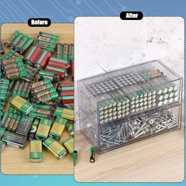 BTSKY 2 Pack Clear Acrylic Battery Storage Organizer for AA, AAA, 9V, C, D Batteries, 2-Drawer Storage Box Battery Holder for Common Types Batteries, Household Container(Batteries Not Included)