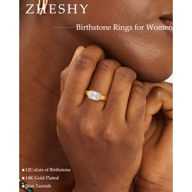 ZHESHY Birthstone Gold Rings for Women Non Tarnish Vintage Gemstone Emerald Rings 14K Gold Plated CZ Signet Thumb Band Rings Jewelry Gift for Birthday Size 9