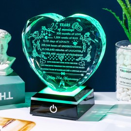 YWHL 25th Wedding Anniversary Crystal Gifts with LED Base Laser Engraved 25th Anniversary Heart Keepsake Gift for Couples Parents Romantic 25 Years of Anniversary Marriage Gifts for Wife Husband