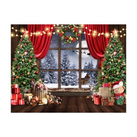 AIIKES 10x8FT Christmas Backdrop Winter Christmas Backdrop for Photography Merry Xmas Tree Window Retro Wood Backdrop Holiday Family Party Decorations Photo Studio Props 12-636