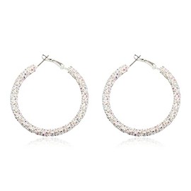 Lightweight Rhinestone Pave Statement Hoop Earrings - Sparkly Bridal Wedding Cubic Zirconia Crystal Wire Round, Teardrop Pear, Heart (Rhinestone Wrapped - 2" AB Silver)