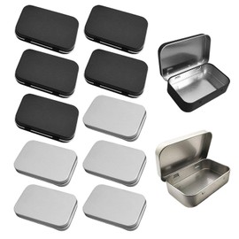 Pack of 10 tin cans, small metal cans, small tin cans with lids, small rectangular tin cans, silver storage boxes with lids