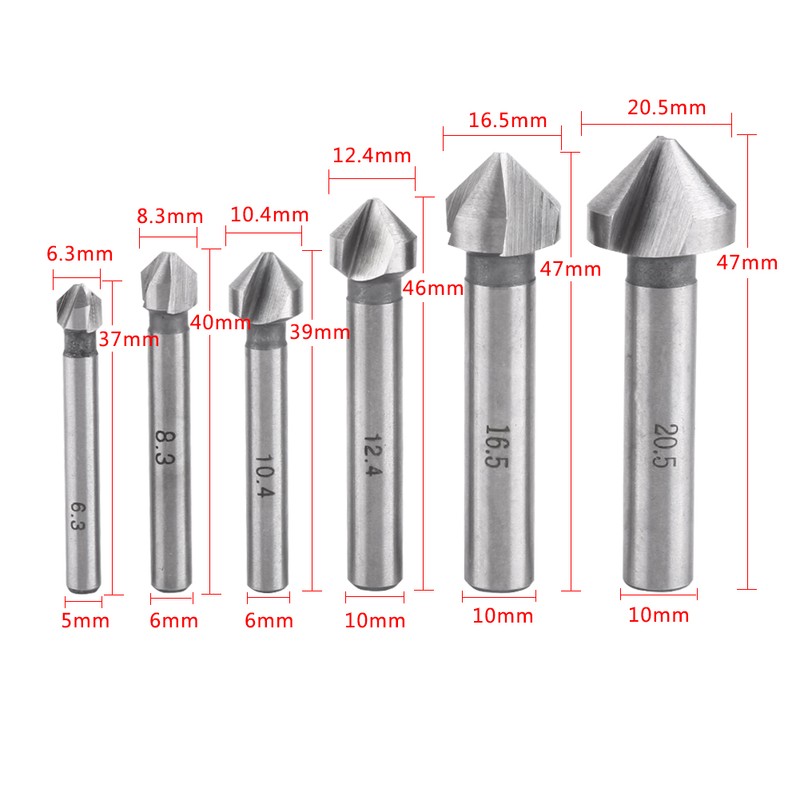 6pcs High Speed Steel Round Shank 3-Flute Countersink Cutter Bits