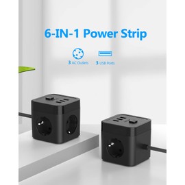 JSVER Steckdosenleiste USB, Mehrfachsteckdose Powercube überspannungsschutz 3 Fach mit 3 USB Steckdosenwürfel Schreibtisch 3680W/16A mit Schalter für Büro,zu Hause oder auf Reisen 5M Kabel-Schwarz