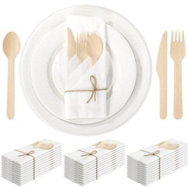 Reallnaive 30 Pack Pre Rolled Napkin and Wooden Cutlery Set 30 Pack Disposable Wrapped Utensils 30 Forks,30 Knives,30 Spoons with 30 Napkins Pre Wrapped Cutlery for Boho Party,Wedding,Events,Birthday