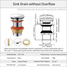 nomona Pop Up Drain Fitting, Thickened Brass Chrome Plated Pop Up Drain Assembly for Bathroom, Corrosion-Resistant Sink Pop Up Drain for Vessel Vanity Lavatory Sink (Sink without Overflow)
