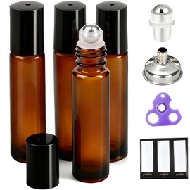 PrettyCare 4 Pack 10 ml Amber Glass Roller Bottles for Essential Oil with Stainless Steel Roller Ball - Refillable Leak-proof Empty Roll on Bottles with Black Caps for Travel, Perfume,Lab