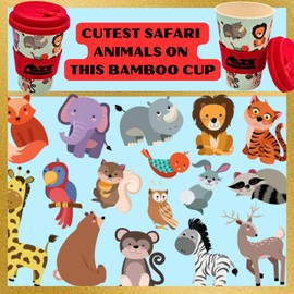 NAZE Eco-Friendly Bamboo Cup Natural Organic Bamboo Fiber Travel Mug, With Animal Prints, Silicone Lid & Sleeve, For Kids, Bamboo Travel Cup For Drinking Chocolate Milk or Juice. Pack of 1 Bamboo Mug