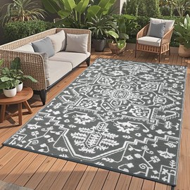 Garvee Outdoor Rug Carpet Waterproof 9x12 Outdoor Patio Rug Mat Reverisble Plastic Straw Large Outdoor Rug for RV Camping Picnic Beach Balcony, Picnic (Grey/White)