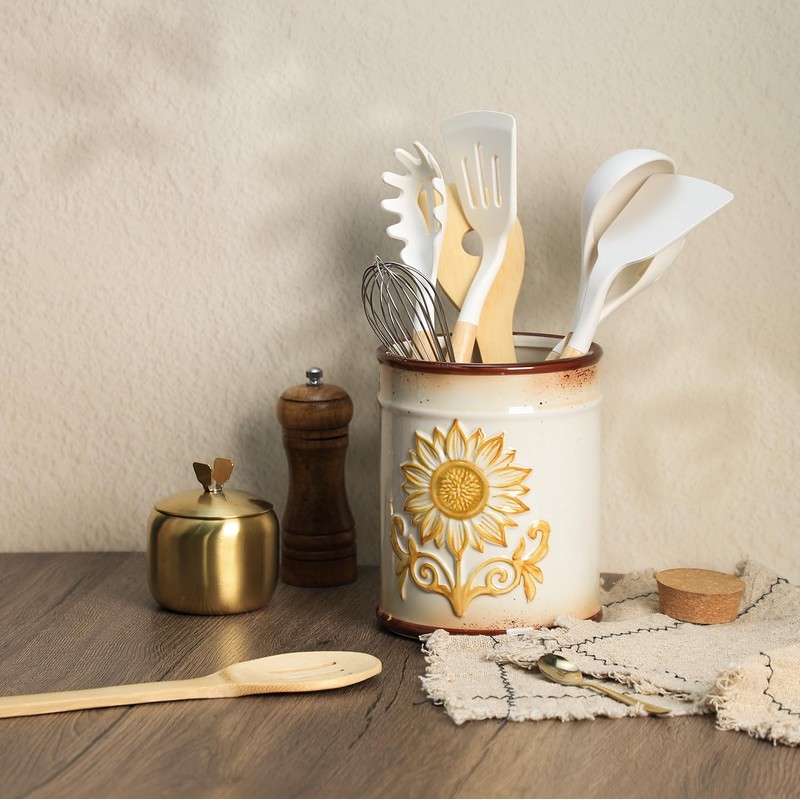 SOCOSY Ceramic Retro Sunflower Embossed Kitchen Utensil Holder, Large Cooking