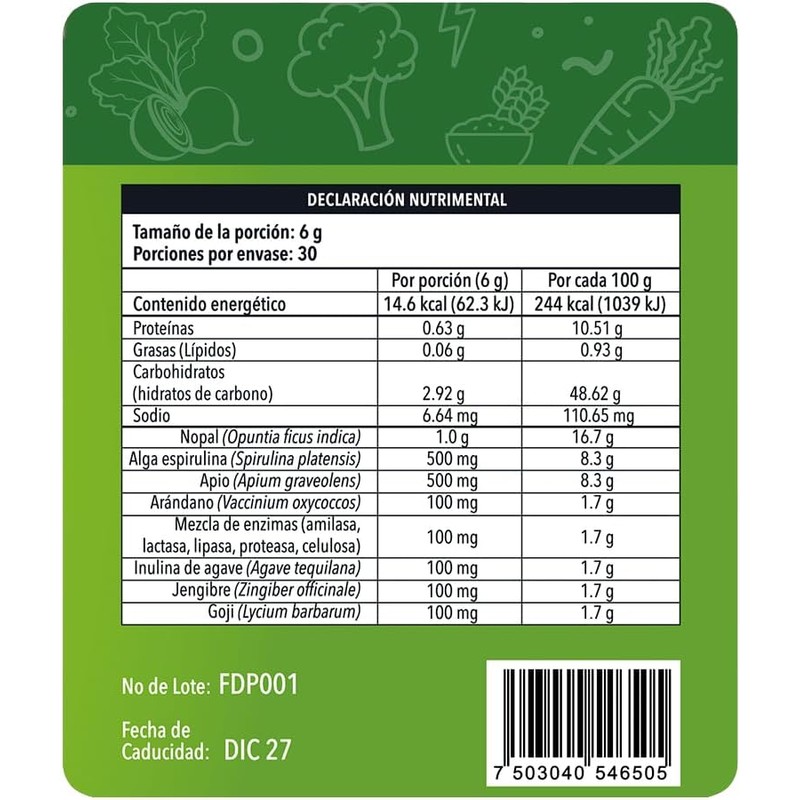 Fibra Natural, Mezcla de Enzimas y Vegetales con Antioxidantes, Envase