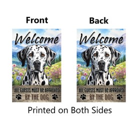 Dalmatian Garden Flag All Visitors Must Be Approved By The Dog Funny Yard Flags for Outside 12x18 Inch Double Sided Front Porch Lawn Garden Yard Decor Burlap Welcome Banner Gifts for Dog Lovers