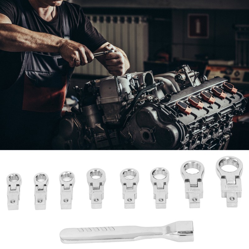9Pcs Interchangeable Ratchet Wrench Chromium Vanadium Steel Box Wrench Set