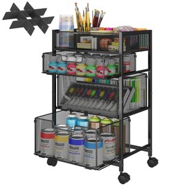 4-Tier Rolling Utility Cart with 3 Drawers, Craft Organizer and Storage with DIY Divider, Art-Craft Supplies with Caster Wheels, Multi-Functional Storage for Classroom, Office, Paints, Artifacts