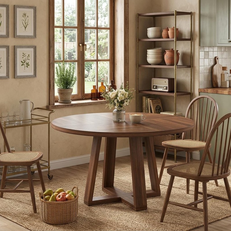 IDEALHOUSE Round Dining Table for 4-6 People, 47 Inch Wooden