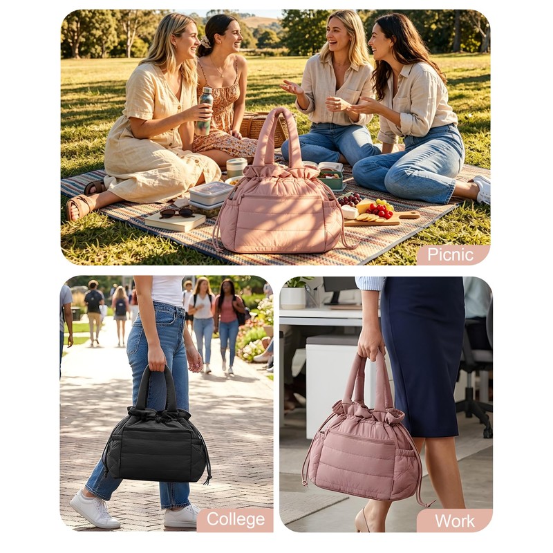 Drawstring Lunch Bag for Women, 13.5L Leakproof Puffy Insulated Lunch